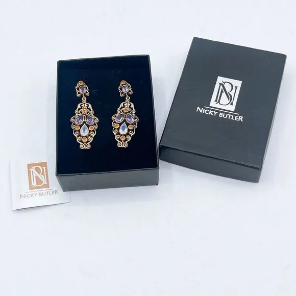 Nicky Butler Gold Tone Earrings Precious Stones Amethyst & Moonstone - Picture 2 of 7